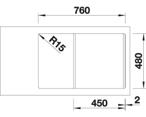 Technische Zeichnung einer Spüle mit Maßangaben: 760 mm Breite, 480 mm Tiefe, Radius 15 mm