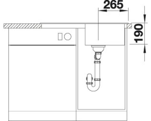 Technische Zeichnung eines Spültischunterschranks mit den Maßen 265 mal 190 Millimeter.