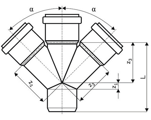 Technische Zeichnung eines dreifachen Abwasserrohrverbindungsstücks mit Winkelangaben und Maßangaben