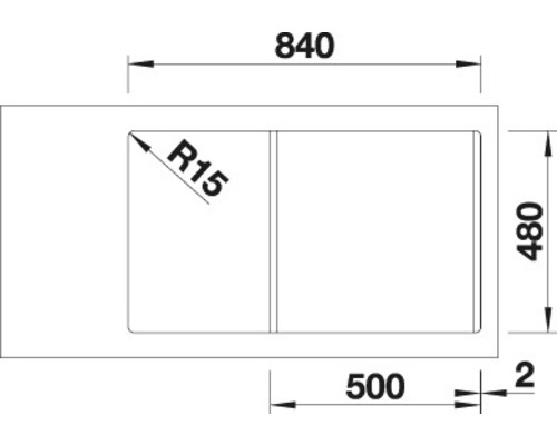 Technische Zeichnung einer Spüle mit Maßangaben.