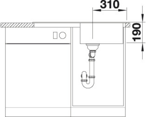 Technische Zeichnung einer Spüle mit Unterschrank und Maßangaben.