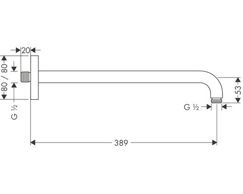 Technische Zeichnung eines Wandauslaufs mit Maßangaben