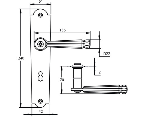 Technische Zeichnung eines Türgriffs mit Maßen.