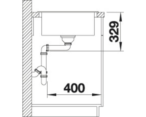 Zeichnung einer Spüle mit Abmessungen 329 und 400 für Installationszwecke