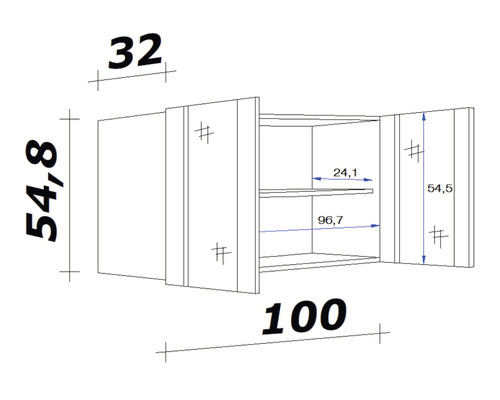 Technische Zeichnung eines Wandschranks mit Abmessungen