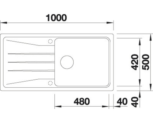 Technische Zeichnung einer Spüle mit Maßangaben
