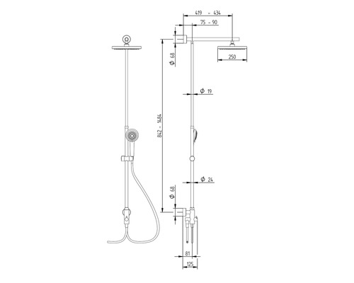 Technische Zeichnung eines Duschsystems mit Maßangaben
