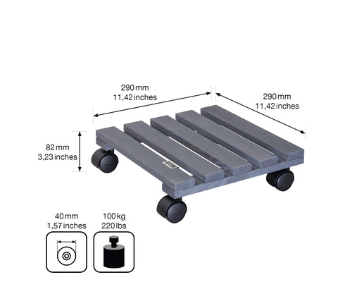 Rollbrett aus Holz mit Abmessungen und Gewichtsangaben