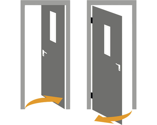 Pendeltür mit Fensterausschnitt und Richtungspfeil