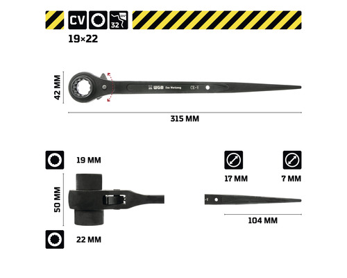 Abbildung eines Ringschlüssel-Maulschlüssel-Sets mit den Größen 19 x 22 Millimeter und den Schlüsselweiten 17 und 7 Millimeter.