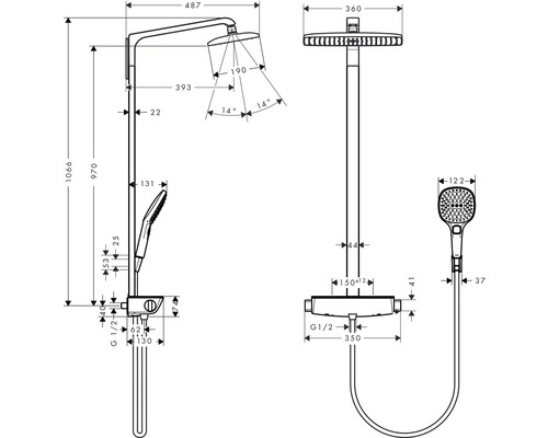 Technische Zeichnung einer Duscharmatur mit Kopfbrause, Handbrause und Thermostat inklusive Maßangaben.