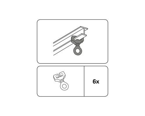 Set mit sechs Aufhängeösen für Gardinenschienen
