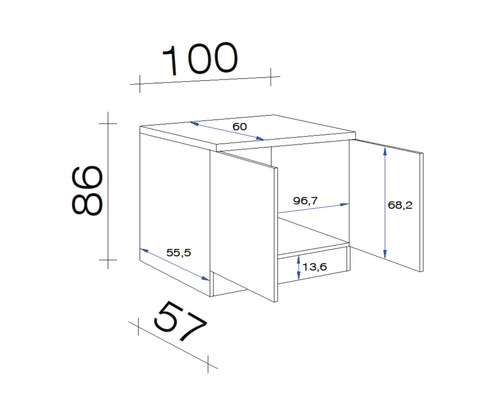 Technische Zeichnung eines Badezimmerunterschranks mit Maßangaben