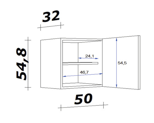 Skizze eines Hängeschranks mit den Maßen 32 x 54,8 x 50 Zentimeter