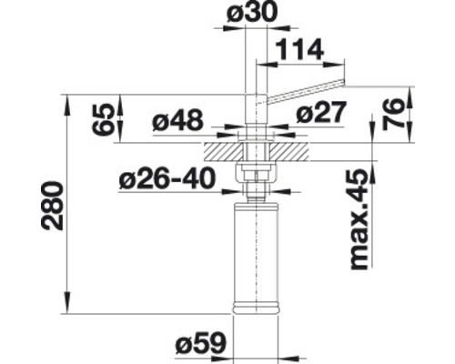 Technische Zeichnung einer Küchenarmatur mit Maßangaben