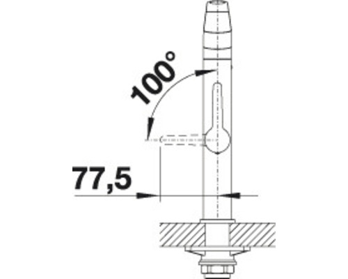 Technische Zeichnung einer Armatur mit Maßangaben 77,5 und 100 Grad