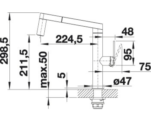 Technische Zeichnung einer Küchenarmatur mit Maßangaben