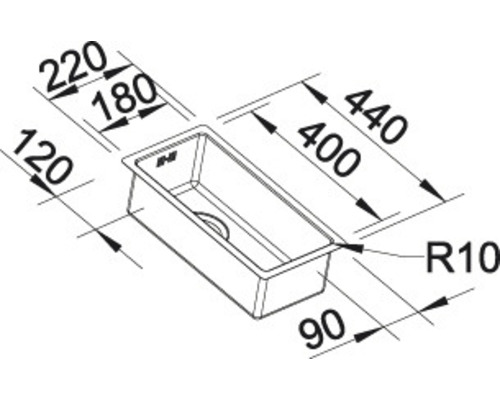 Technische Zeichnung einer rechteckigen Spüle mit Bemaßungen.