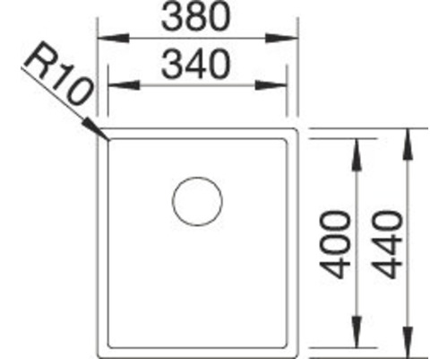 Technische Zeichnung einer Spüle mit Maßangaben in Millimeter