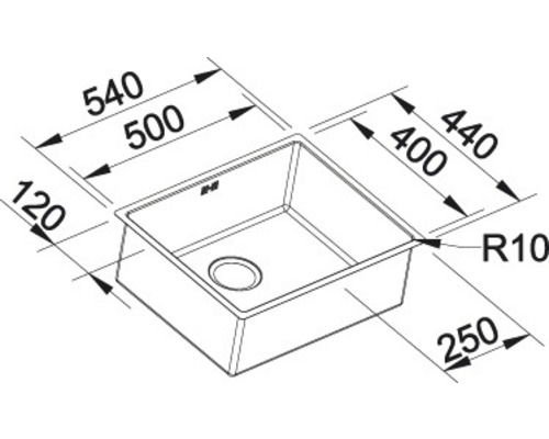 Zeichnung einer Spüle mit Maßangaben