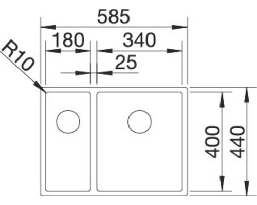 Skizze einer Spüle mit den Maßen 585 x 440 Millimeter