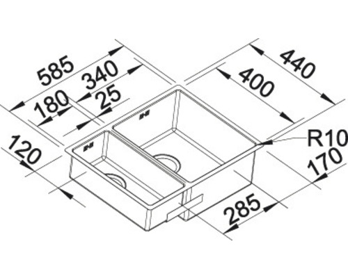 Technische Zeichnung einer Küchenspüle mit Maßangaben