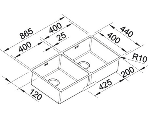 Zeichnung einer Spüle mit Becken und Maßangaben