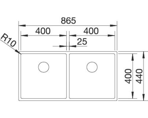 Zeichnung einer Doppelspüle mit Maßangaben