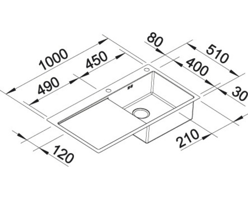 Technische Zeichnung einer Küchenspüle mit Maßangaben.