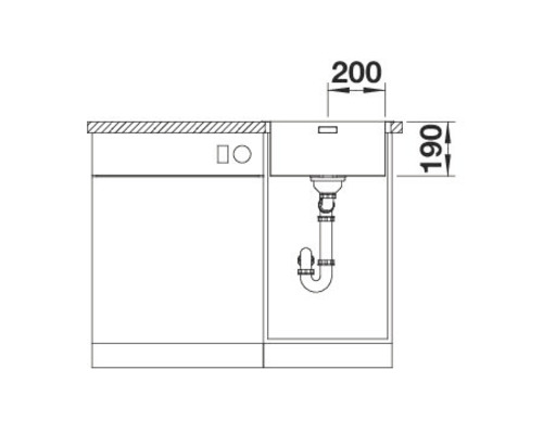 Zeichnung eines Spülbeckens mit den Maßen 200 mal 190 Millimeter