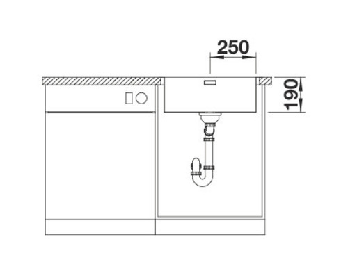 Technische Zeichnung einer Spüle mit den Maßen 250 mal 190.