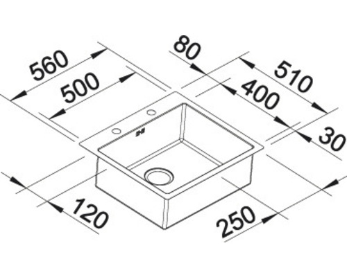 Technische Zeichnung einer Küchenspüle mit Maßangaben