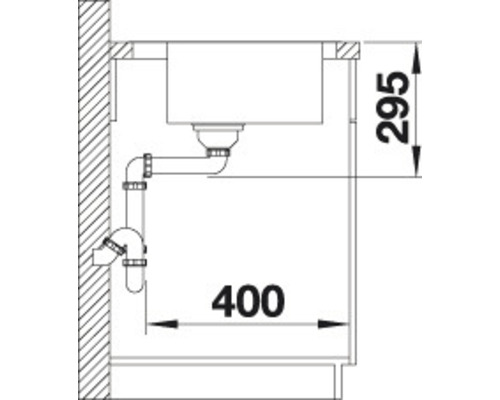 Skizze einer Spüle mit Rohren und Maßangaben 295 und 400