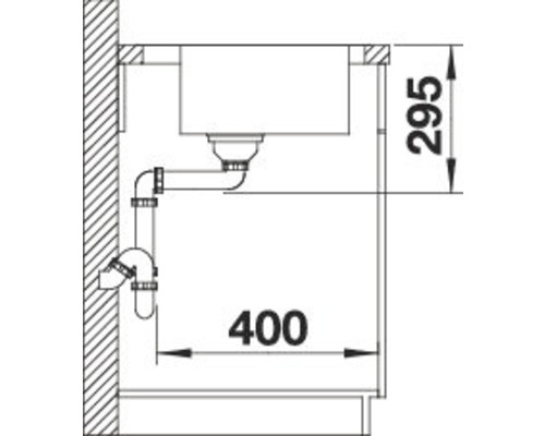 Technische Zeichnung eines Spülbeckens mit den Maßen 400 und 295 Millimeter.