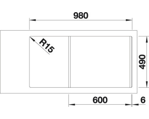 Zeichnung einer Spüle mit den Maßen 980 x 490 Millimeter