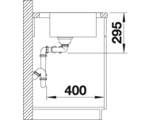 Schemazeichnung eines Spülbeckens mit Siphon und den Maßen 295 und 400 Millimeter.