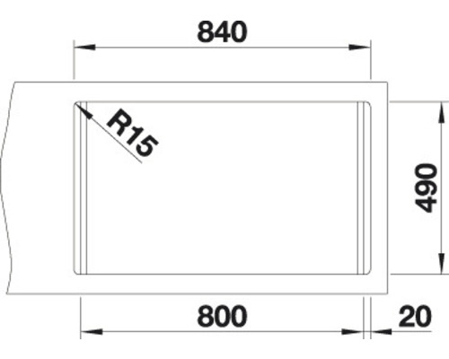 Technische Zeichnung einer Spüle mit den Maßen 840 x 490 Millimeter und einem Eckradius von 15 Millimeter