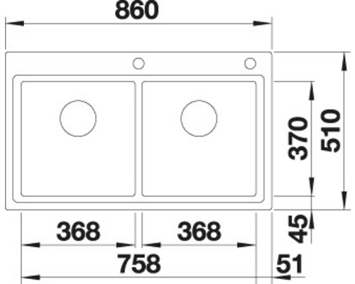 Maßzeichnung einer Spüle mit zwei Becken und Armaturenbank