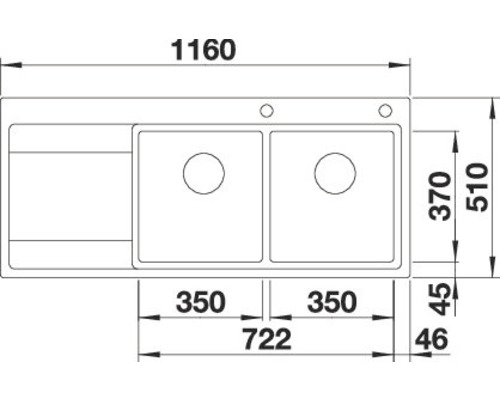 Technische Zeichnung einer Küchenspüle mit Abmessungen