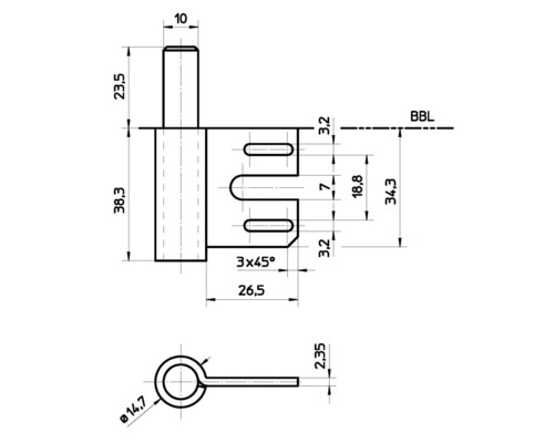 Technische Zeichnung eines Türbandes mit Maßangaben