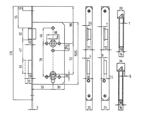 Technische Zeichnung eines Türschlosses mit Maßangaben.