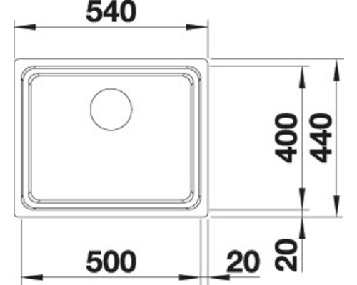 Technische Zeichnung eines Spülbeckens mit Maßangaben