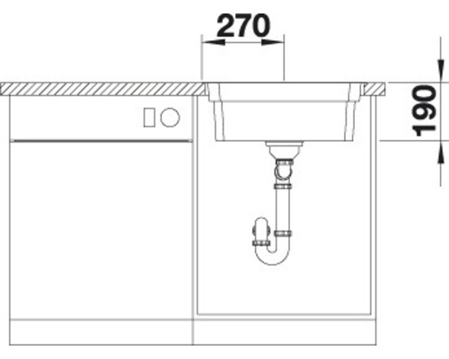 Skizze einer Küchenspüle mit Maßangaben