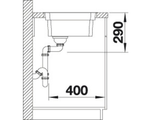 Schemazeichnung einer Spüle mit Siphon und Maßangaben 400 und 290.