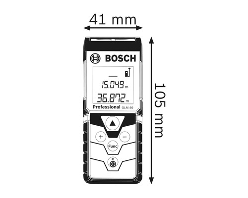 Abbildung eines Bosch GLM 40 Professional Laser-Entfernungsmessers mit Abmessungen von 41 mm Breite und 105 mm Höhe.