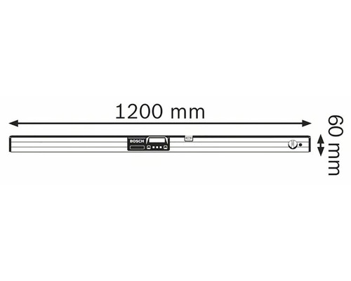 Abbildung einer Wasserwaage mit den Maßen 1200 mm Länge und 60 mm Breite