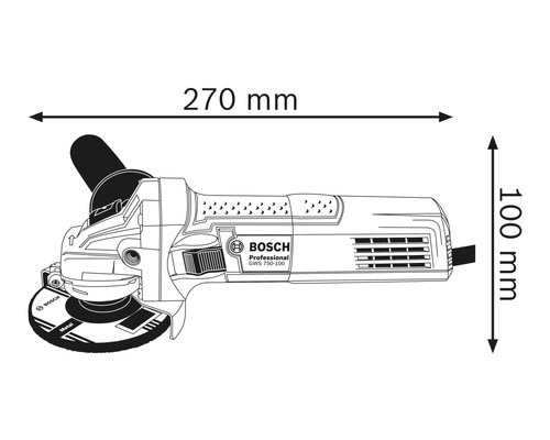 Bosch Winkelschleifer GWS 750-100 mit den Maßen 270 mm Länge und 100 mm Höhe