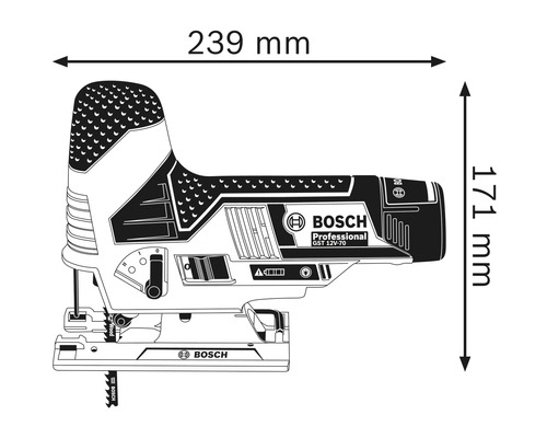 Zeichnung einer Stichsäge mit Maßangaben 239 mm und 171 mm.