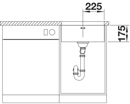 Skizze einer Spüle mit Abmessungen 225 und 175 mm