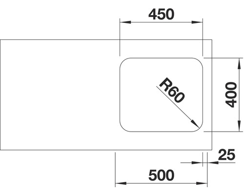 Technische Zeichnung eines Waschtischs mit den Maßen 450, 400, 500 und 25.
